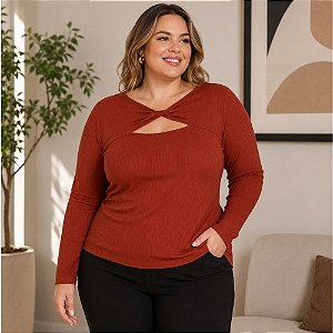 Blusa Manga Longa Canelada Plus Size- Cereja Rosa