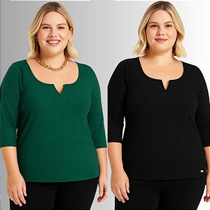 Blusa Feminina Plus Size Manga 3/4 Canelada Cereja Rosa