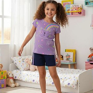 Conjunto Infantil Menina Arco Íris Blusa e Shorts- Kely & Kety