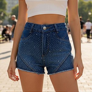 Shorts Jeans Feminino Curto Com Aplicação de Strass