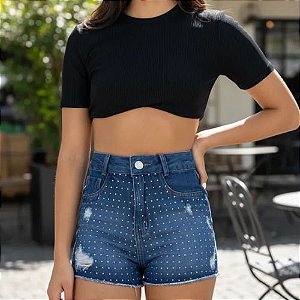 Shorts Jeans Feminino Curto Destroyed e Aplicação de Strass