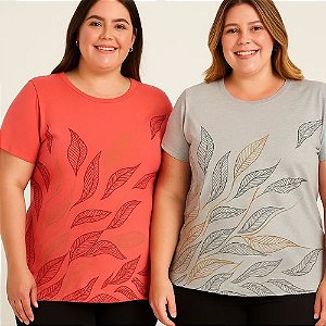 T-shirt Plus Size com Estampa Folhagens - Cereja Rosa