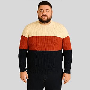 Suéter Masculino Plus Size Tricolor em Tricô – Gola Redonda Malwee