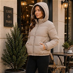 Jaqueta Puffer Feminina Preta com Capuz Quente e Confortável Cereja Rosa