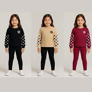 Conjunto Infantil Menina Blusa Manga Longa Estampa Poá + Calça Kely &Kety