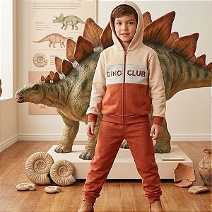 Conjunto Infantil Moletom Masculino Dino Club com Capuz – Bege e Telha Rei Rex