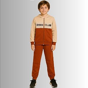 Conjunto Infantil Moletom Masculino Dino Club com Capuz – Bege e Telha Rei Rex
