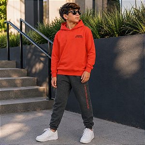 Conjunto Infantil Masculino Moletom com Capuz e Calça Jogger Cinza com Faixa