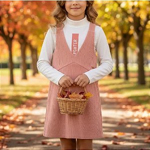 Conjunto Infantil Feminino Salopete Rosa em Veludo + Blusa Gola Alta - Carinhoso