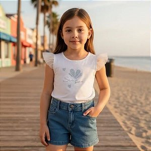 Conjunto Infantil Feminino Blusa Branca com Brilho e Shorts Jeans com Bolsos- Carinhoso