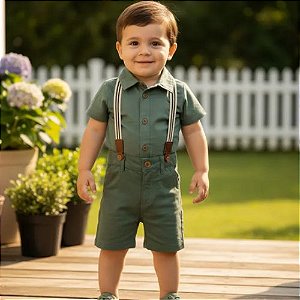 Body Social Bebê Menino  Verde com Gola Polo e Botões - Carinhoso