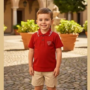 Conjunto Infantil  Polo Vermelha + Shorts Bege Malwee Kids