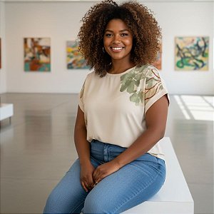 Blusa Feminina Plus Size Viscose Estampada com Gola Redonda e Manga Morcego Cereja Rosa