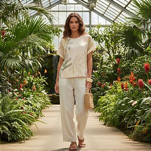 Blusa Feminina Manga Curta Estampa Folhagem em Poliéster com Viscose Cereja Rosa