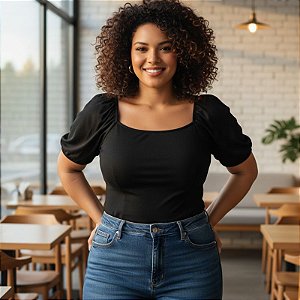 Blusa Plus Size Feminina Gola Quadrada Manga Bufante Habana