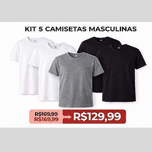 Kit 05 Camisetas Sortidas Branca, Preta e Cinza Slim Gola Careca Masculina- Hering