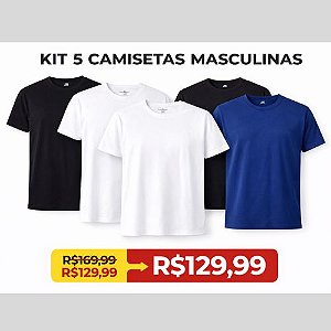 Kit 05 Camisetas Sortidas Branca, Preta e Azul Slim Gola Careca Masculina- Hering