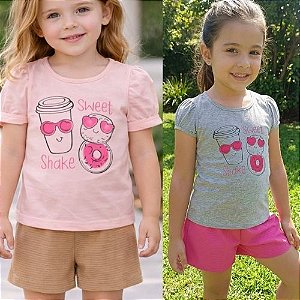Conjunto Infantil Menina Blusa Estampada Sweet Shake e Shorts Texturizado 4YOU- Cativa