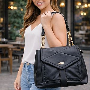 Bolsa Feminina de Ombro Preta com Detalhes Dourados Chenson