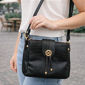 Bolsa Feminina Chenson Pequena Transversal Texturizada Alça Longa Ajustável Detalhes Dourados