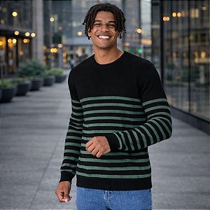 Suéter Masculino Listrado Manga Longa Gola Redonda Canelada Malwee