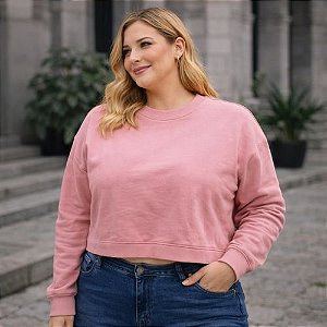 Blusão Cropped de Moletom Feminino Plus Size Manga Longa Gola Redonda Malwee