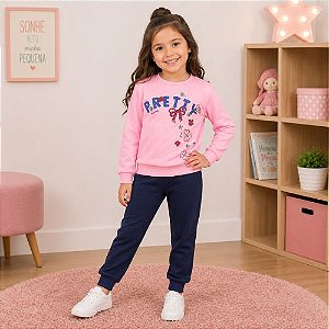 Conjunto Moletom Menina Inverno Blusa Estampada E Calça Lisa Kely Kety
