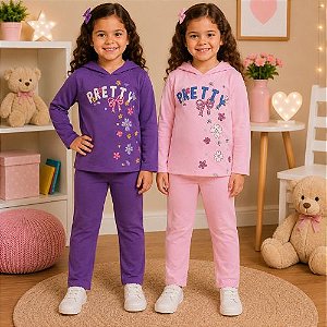 Conjunto Moletom Infantil Menina Inverno com Capuz Estampa Pretty Calça Lisa Sem Bolsos Kely & Kety
