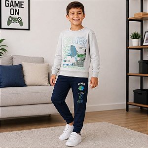 Conjunto Infantil de Moletom Masculino Gamer Menino Inverno Blusa Estampada + Calça Lisa Rei Rex
