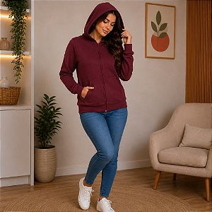 Jaqueta Feminina Moletinho de Viscose Vinho com Capuz e Bolsos Malwee