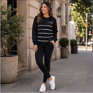 Blusa de Moletom Feminina Peluciada Gola Redonda Listrada Habana