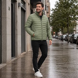 Jaqueta Puffer Masculina em Poliamida Sem Capuz com Bolsos Laterais e Zíper