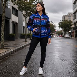 Jaqueta Feminina Estampada Azul/Verde com Abertura nos Ombros- Enfim