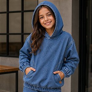 Blusão Oversized Jeans Infantil Unissex com Capuz Azul- Malwee Kids