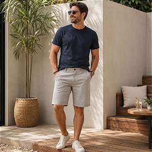 Bermuda Masculina de Sarja Cinza Reta Cintura Média Hering