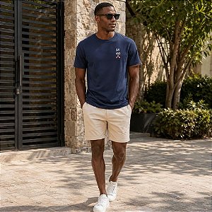 Camiseta Masculina Azul Marinho Comfort Estampada Manga Curta Gola Careca