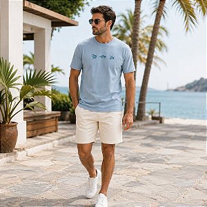 Camiseta Masculina Azul Estampada Peixes Manga Curta Gola Careca Hering