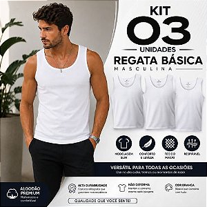 Kit 3 Regatas Masculinas Brancas Hering Slim Básica Gola Redonda Algodão