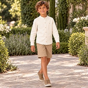Conjunto Menino Carinhoso Camisa Manga Longa e Bermuda em Tricoline