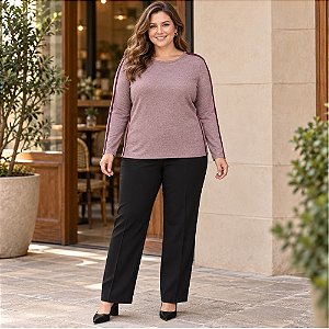 Blusa Feminina Plus Size Manga Longa Decote Redondo com Listras Laterais Malwee