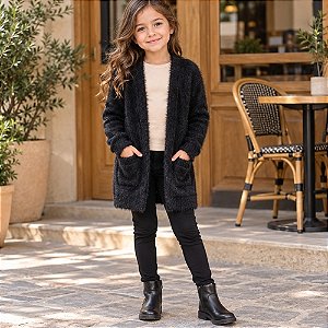 Cardigan Infantil Feminino Preto Alongado Felpudo com Bolsos – Malwee