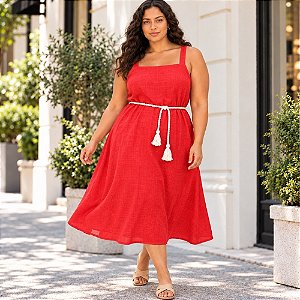 Vestido Midi Feminino Viscose com Forro e Cinto de Cordão Malwee