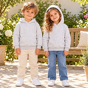 Blusão Flanelado Infantil Unissex Cinza com Capuz e Bolso Canguru