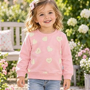 Blusa Infantil Menina Rosa Manga Longa Corações com Ribana Malwee