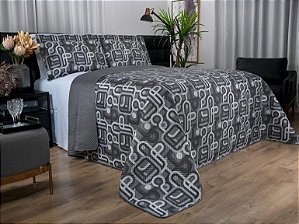 Kit 1 Cobre-leito Casal Bouti de Microfibra Ultrasonic Estampada + 2 Porta-travesseiros Cinza