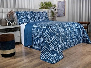 Kit: 1 Cobre-leito Casal Bouti de Microfibra Ultrasonic Estampada + 2 Porta-travesseiros Azul