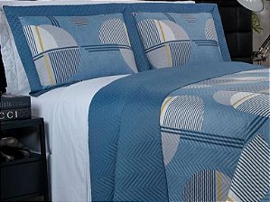 Kit: 1 Cobre-leito Casal Bouti de Microfibra Estampada + 2 Porta-travesseiros Azul