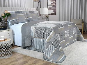 Kit Cobre-leito Casal Bouti Microfibra Ultrasonic Estampado Cinza Ortiz + 2 Porta-travesseiros Dui Design