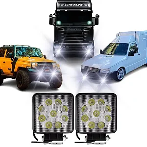 Par Farol de Milha LED Quadrado 27W Universal 12V/24V - 6000K Branco Frio - Carro, Caminhão, Trator e Off-Road