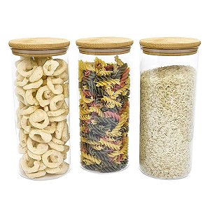 Kit 3 Potes de Vidro para Mantimentos 1650ml com Tampa de Bambu